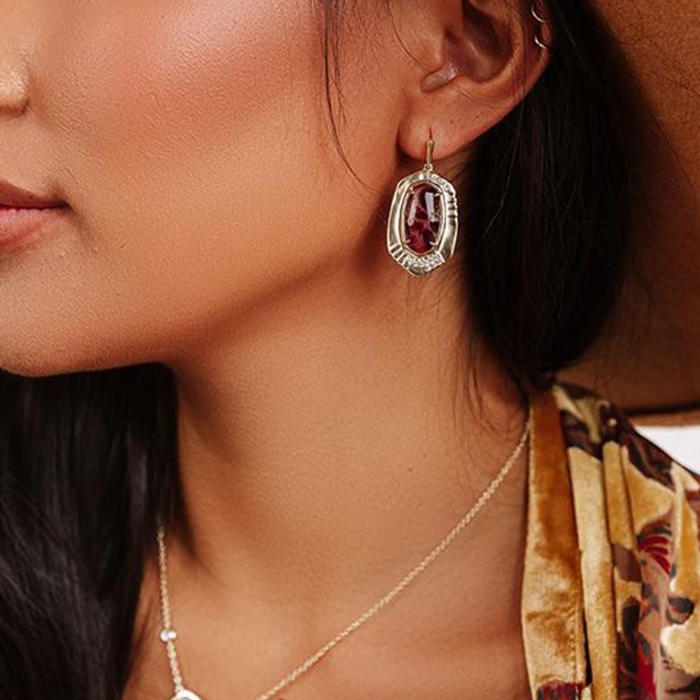 KENDRA SCOTT Anna Small Drop Gold Bronze Veined Maroon Jade Earrings - Picture 3 of 6